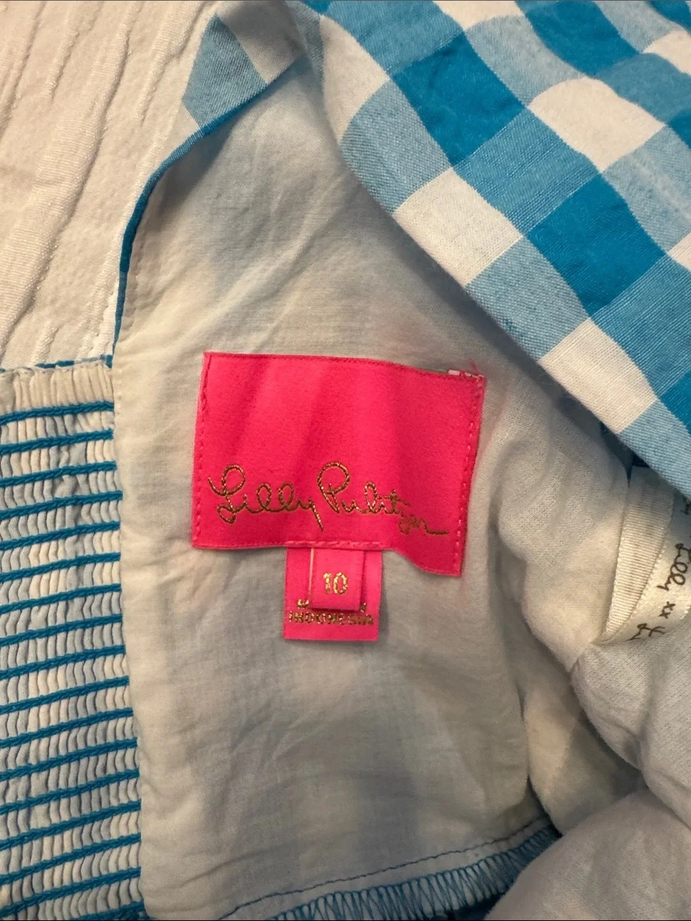 Lilly Pulitzer Blue and White Gingham Puff Sleeve Peplum Top